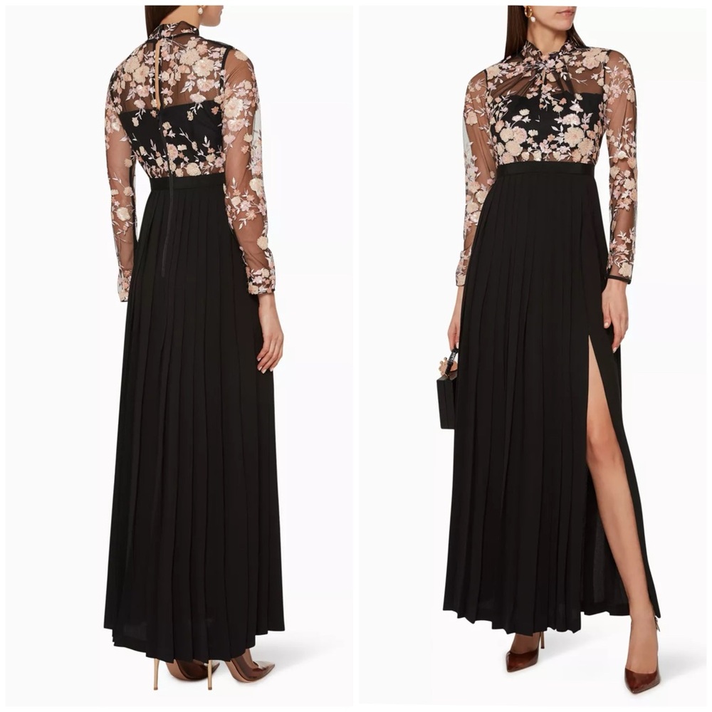 SELF-PORTRAIT Pleated Floral Empire Chiffon Lace Maxi Dress